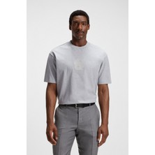 Boss Erkek Rahat Kalıp Yuvarlak Yakalı Çift Logo Detaylı %100 Pamuklu Kısa Kollu Gri T-Shirt 50549112-072