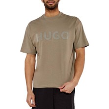 Hugo Erkek Oversize Büyük Logo Işlemeli Pamuklu Yuvarlak Yaka Kısa Kollu Bej T-Shirt 50525765-219