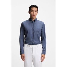 Boss Erkek Dar Kesim Pamuklu Logo Baskılı Uzun Kollu Mavi Gömlek 50556076-468