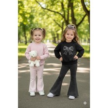 Elixya Kız Çocuk Pembe Taşlı Fiyonk Baskılı Simli Pantolonlu Takım