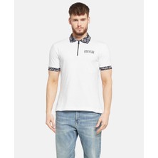 Versace Erkek Polo Yaka Kısa Kollu Fermuar Detaylı Beyaz Polo Yaka T-Shirt 78GAGT02CJ01T-003