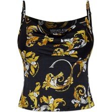Versace Kadın Slim Fit Geniş Yaka Ince Ip Askılı Crop Siyah-Altın Bluz 78HAM236NS639-G89