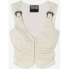 Versace Kadın Kemer Detaylı Askılı V Yaka Denim Beyaz Bluz 78HAM206N0439-021