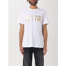 Versace Erkek Regular Fit Yuvarlak Yaka Baskı Detaylı Kısa Kollu Beyaz-Altın T-Shirt 78GAHT05CJ00T-G03