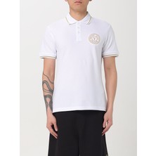 Versace Erkek Polo Yaka Kol ve Yaka Ucu Şerit Detaylı Beyaz-Altın Polo Yaka T-Shirt 78GAGT00CJ01T-G03