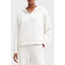 Armani Exchange Kadın Rahat Kalıp Fermuarlı Kapüşonlu Pamuklu Ön Kanguru Cepli Ekru Sweatshirt XW000980 AF16111-U1003