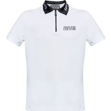 Versace Erkek Slim Fit Yarı Fermuar Kapamalı Pamuklu Kısa Kollu Yakası Logo Baskılı Beyaz Polo Yaka T-Shirt 78GAGT03CJ01T-003