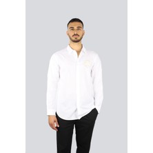 Versace Erkek Gömlek Yaka Uzun Kollu Logo Baskılı Beyaz-Altın Gömlek 78GALYS2CN002-G03