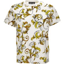 Versace Erkek Yuvarlak Yaka Kısa Kollu Pamuklu Grafik Desenli Beyaz-Altın T-Shirt 78GAH6S0JS458-G03