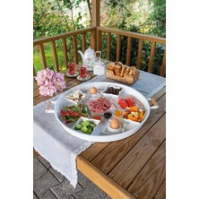 PremiumPort Beyaz Ahşap Kulplu Yuvarlak Metal Tepsi, Kahvaltı ve Sunum Için Mükemmel