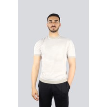 Paul & Shark Erkek Normal Kesim Sıfır Yaka Yatay Çizgili Pamuklu Kısa Kollu Bej T-Shirt 25411534-216