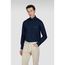 Paul & Shark Erkek Regular Fit %100 Pamuk Gold Marka Logo Desenli Uzun Kollu Lacivert Gömlek 25413500-013
