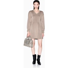 Armani Exchange Kadın Rahat Kalıp Düşük Omuzlu V Yaka Kısa Kahverengi Elbise XW001288 AF16111-U6242