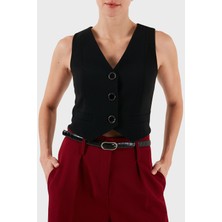 Armani Exchange Kadın Yüksek Kaliteli Kumaş V Yaka Gold Düğme Detaylı Crop Siyah Yelek XW001279 AF16148-UC001