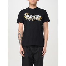 Erkek Bisiklet Yaka Kısa Kol Versace Yazı ve Desenli Siyah T-Shirt 78GAHC05CJ01C-G89