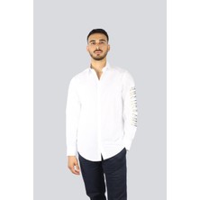 Paul & Shark Erkek Normal Kalıp Kolunda Logo Baskı Desenli Uzun Kollu Beyaz Gömlek 25413521-010