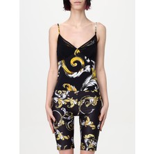 Versace Kadın Ince Askı Derin Dekolte Renkli Şekil Desenli Siyah Bluz 78HAM212JS471-G89