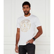 Versace Erkek Regular Fit Logo Baskılı Kısa Kollu Beyaz-Altın T-Shirt 78GAHT01CJ00T-G03