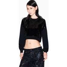 Armani Exchange Kadın Normal Kalıp Önü Pul Payet Desenli Yuvarlak Yaka Uzun Kollu Siyah Kazak XW001326 AF16682-MC117