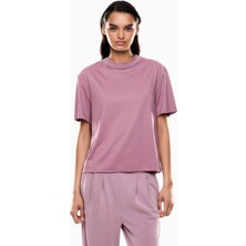 EA7 Kadın Kısa Kol Yuvarlak Yaka Çizgili Standart Boy Pembe T-Shirt 7W000442 AF13919-UA272