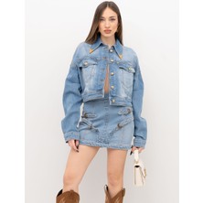 Versace Kadın Rahat Kalıp Uzun Kollu Düğme Kapamalı Cep Detaylı Crop Mavi Ceket 78HAS450CDWA8-904