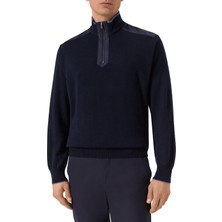 Paul & Shark Erkek Regular Fit Yarım Fermuarlı Omuzları Desenli %100 Saf Yün Triko Lacivert Triko 15311138-050