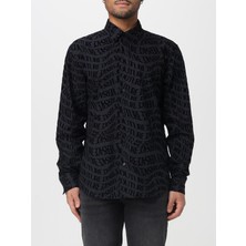 Versace Erkek Normal Kalıp Tamamı Logo Motifli Uzun Kollu Kadife Siyah Gömlek 79GAL2R0NS703-899