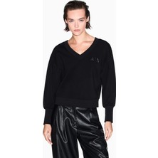 Armani Exchange Kadın Rahat Kalıp V Yaka Ax Logo Kabartmalı Uzun Kollu Siyah Sweatshirt XW000972 AF16111-UC001