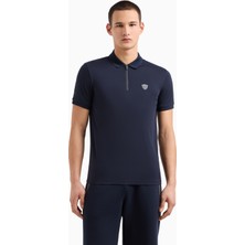 Erkek Slim Fit Kısa Kollu Ea7 Logolu Fermuarlı Lacivert Polo Yaka T-Shirt 8NPF13 PJRGZ-1562