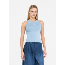 Liu Jo Kadın Slim Fit Yuvarlak Yakalı Kolsuz Örme Mavi Bluz UF5277MA76Q-A4075