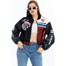 Chos7n Kadın Oversize Baskılı Kot ve Deri Şeritli Günlük Kullanım Ceket Mont