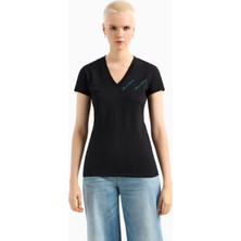 Armani Exchange Kadın Kısa Kollu V Yaka Dokuma Kumaş Siyah T-Shirt XW000600 AF10355-UC001