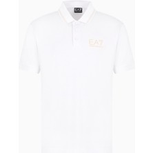 Erkek Slim Fit Şerit Detaylı Polo Yaka Gold Ea7 Logolu Kısa Kollu Beyaz Polo Yaka T-Shirt 7M000300 AF13739-U0002