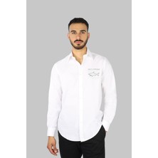 Paul & Shark Erkek Göğüste Marka Logolu Dar Kalıp Dokuma Kumaş Uzun Kollu Beyaz T-Shirt 25413504-010