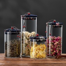 Morponi 4'lü Borosilikat Cam Etnik Desenli Kumaaş Kapaklı Kavanoz Seti 500-650-800-1000 ml