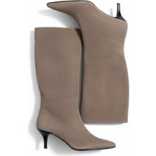 Ne&Ve Shoes Ekru Süet Hakiki Deri Körüklü Kadın Sivri Burun Çizme