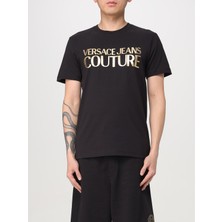 Versace Erkek Regular Fit Yuvarlak Yaka Baskı Detaylı Kısa Kollu Siyah-Altın T-Shirt 78GAHT05CJ00T-G89
