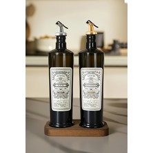 PremiumPort Siyah Italyan Cam 750 ml 2'li Yağdanlık Seti, Ahşap Standlı, Damlamaz Kapak