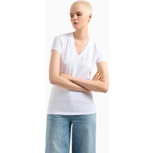 Armani Exchange Kadın Kısa Kollu V Yaka Dokuma Kumaş Beyaz T-Shirt XW000600 AF10355-U0002