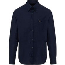 Paul & Shark Erkek Regular Fit Metalik Shark Logolu %100 Pamuklu Uzun Kollu Lacivert Gömlek 15313316-013