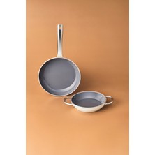 Teknotrust Krem Renkli Metal Kulplu Tava ve Sahan Seti, Dayanıklı ve Şık Tasarım