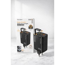 Gunkes Fulltech FC57 67W Gan Dijital Göstergeli  Hızlı Şarj Adaptörü | Dahili Retractable Usb-C Kablo + Usb-A Çıkışı | Telefon, Tablet ve Laptop Uyumlu