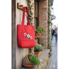 Yarımada Kadın Kooperatifi El Emeği Çiçek Aplikeli Kırmızı Kanvas Bez Çanta - Şık ve Dayanıklı Omuz Çantası