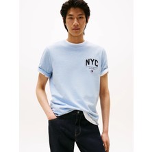 Tommy Hilfiger Erkek Kısa Kol Bisiklet Yaka Nyc Yazı Desen Mavi T-Shirt MW0MW40427-DS9