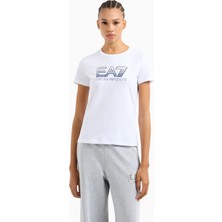 Kadın Normal Kalıp Ea7 Pul Logolu Yuvarlak Yaka Esnek Pamuklu Kısa Kollu Beyaz T-Shirt 7W000183 AF10373-U0002