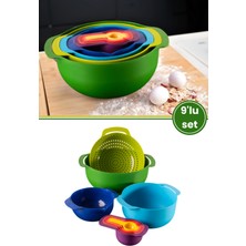 Teknotrust Renkli 9 Parça Karıştırma Kabı Seti, Ölçü Kaşığı ve Süzgeçli Set