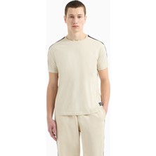 Erkek Omuzları Şerit Çizgili Ea7 Logolu Regular Fit Yuvarlak Yaka Kısa Kollu Ekru T-Shirt 7M000138 AF10375-U1079