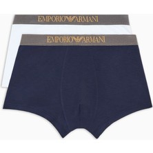 Emporio Armani Erkek 2'li Paket Yumuşak Dokulu Logolu Lastikli Bel Lacivert-Beyaz Boxer EM000253 AF10787-M0079