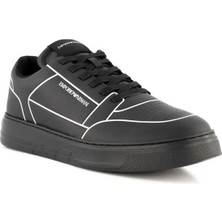 Emporio Armani Erkek Kabartmalı Baskı Desenli Kontrast Logo Detaylı Deri Siyah Sneaker EM002852 AF18014-MC024