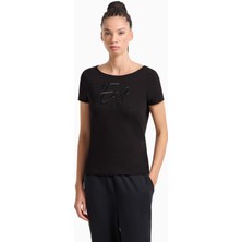 Kadın Bisiklet Yaka Ea7 Yazı Detay Kısa Kol Dar Siyah T-Shirt 7W000184 AF10373-UC001